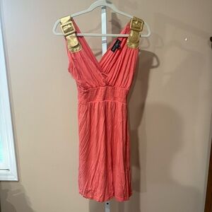 Chic Vintage Coral Mini Dress with Gold Leather Like Details